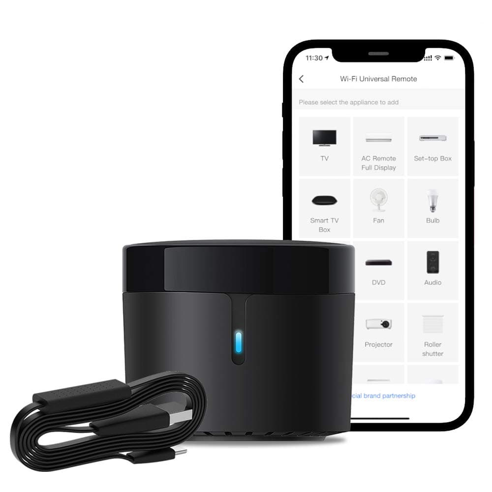 RM4 mini Smart Remote and Sensor Cable Set RM4 mini S (2.4 GHz Wi-Fi Only), Universal IR Remote Control Hub with Temperature Humidity Monitor USB Cable, Works with Alexa