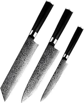 Obsidian Series 3-Piece Knife Set - Professional Chef Knives with Ultra Sharp 67 Layer Damascus Steel Blades, Ergonomic G10 Handles for Precision Cutting, Home Cooking, Chopping & Kitchen Utility