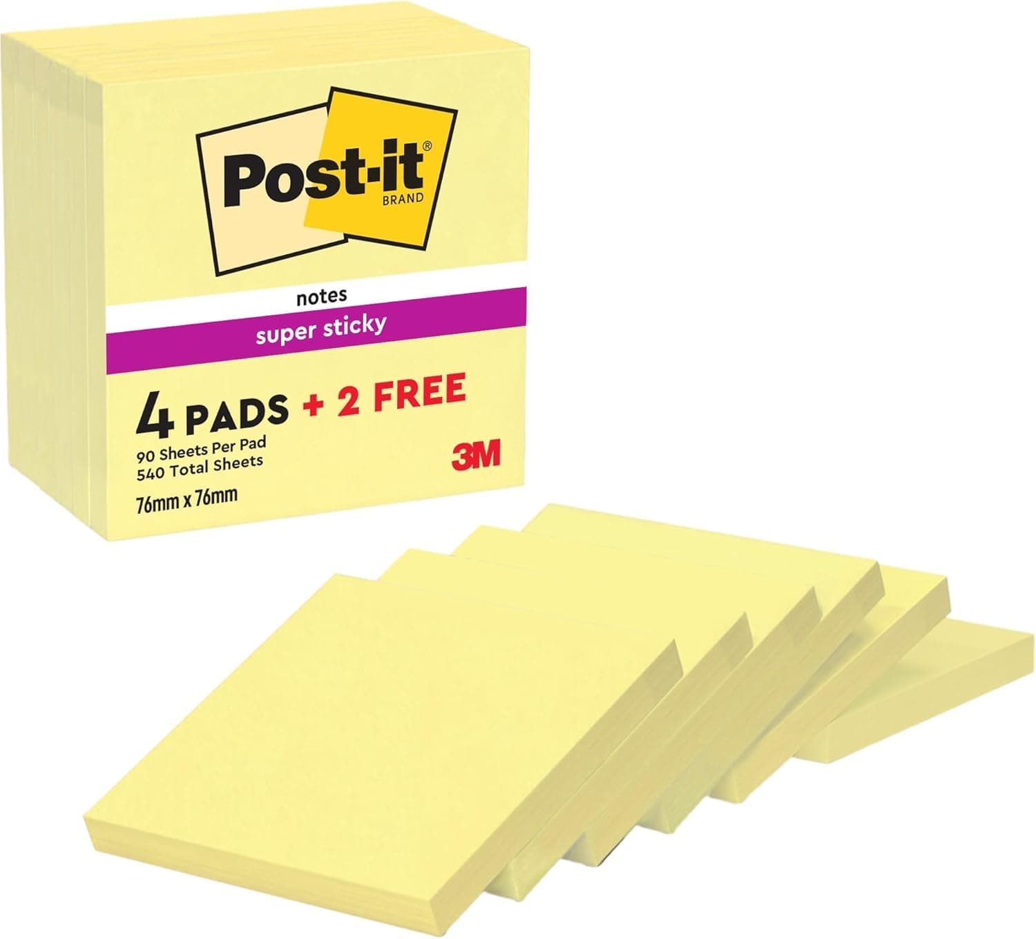 Post-it Super Sticky Notes, 540 Sheets, 76 mm x 76 mm - Holds Strong to Many Surfaces - Canary Yellow - for Walls, Monitors and Fridge, Recycable