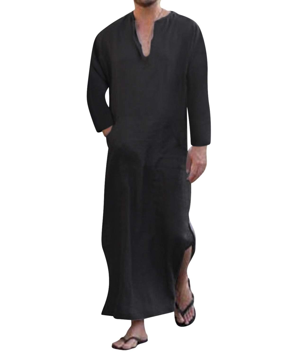 Men's V-neck Short Sleeve Robe Side Split Kaftan Cotton Long Gown Thobe S-3XL