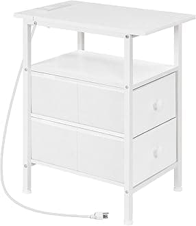 End Table with Charging Station, Narrow Side Table, Nightstand with 2 Non-Woven Drawers, Slim Sofa Side Table, for Small Spaces, Living Room, Bedroom, White WT486UBZ01