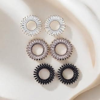 Set of 6 Spiral Hair Ties - No Damage, No Crease Phone Line Bobbles, Plastic Hair Elastic Bands - MultiColor Spiral Ponytail Holders for Girls Women (Black-White-Grey)