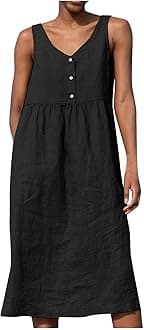 Spring Summer Dresses for Women 2025 Casual Quarter Button V Neck Sleeveless Dress Cotton Linen Comfort Soft Dress