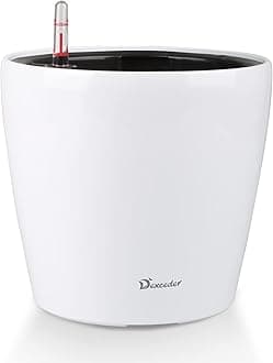 11x10 Inches High Gloss Self Watering Planter Indoor Outdoor, Inner Pot Design, Thickened Table Flower Plant Pot with Water Level Indicator (White)