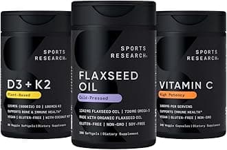 Sports Research® Vegan Multivitamins Pack - Cold-Pressed Flaxseed Oil w/ 720 mg Omega-3 + Vitamin D 5000iu & Mk7 Vitamin K 100mcg + High Potency Vitamin C 1000 mg Supplement