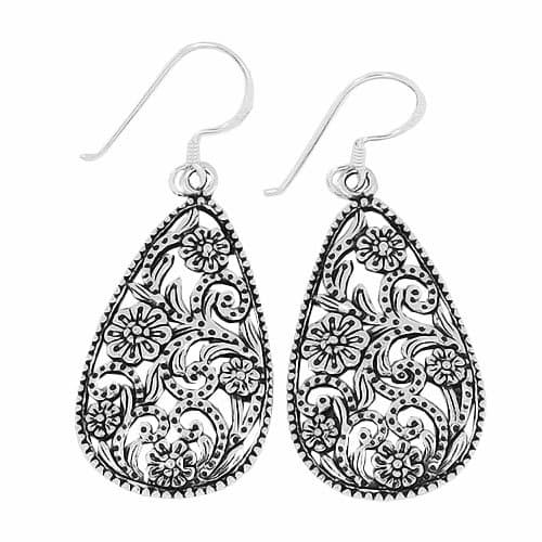 Solid .925 Sterling Oxidized Silver Flower Tear Drop Dangle Earrings (se370)