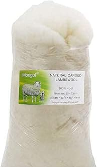iMongol Carded Lambs Wool Stuffing Batting for Needle Felting, Knitted Crafts, Bright Creations, Pillow Filler, Stuffed Animals, Cushions,Super Clean Fine, Natural White (2oz)