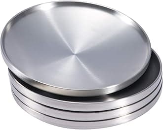 Sumerflos 304 Stainless Steel Dessert Appetizer Plates, 6.7" Double-Layer Round Lunch Plates, Feeding Serving Camping Salad Plate for Kids, Outdoor Camping, Snack and BBQ - Set of 4