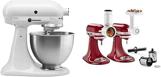 KitchenAid Classic Series 4.5 Quart Tilt-Head Stand Mixer K45SS, White & ® Food Grinder + Fresh Prep Slicer/Shredder Attachment Bundle, White
