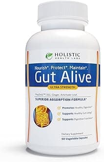 Holistic Health LabsGut Alive For Restoring Gut Lining - All Natural Support to Fight Leaky Gut, IBS, Heartburn, Acid Indigestion, Acid Reflux, Bloating & Gas. Unique Formulation. 60 Capsules.