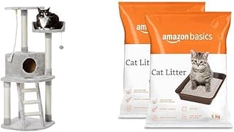 amazon basics, Cat Tree with Platform, Grey,1 Piece,X-Large & amazon basics, Scoopable Bentonite Cat Litter, Unscented, 5Kg Pack of 2