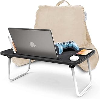 Nestl Reading Pillow with Portable Laptop Lap Desk - Shredded Memory Foam Back Support Pillow for Sitting Up in Bed and Couch Rest Pillows with Arms, Bed Tray Table with Foldable Legs, Cream