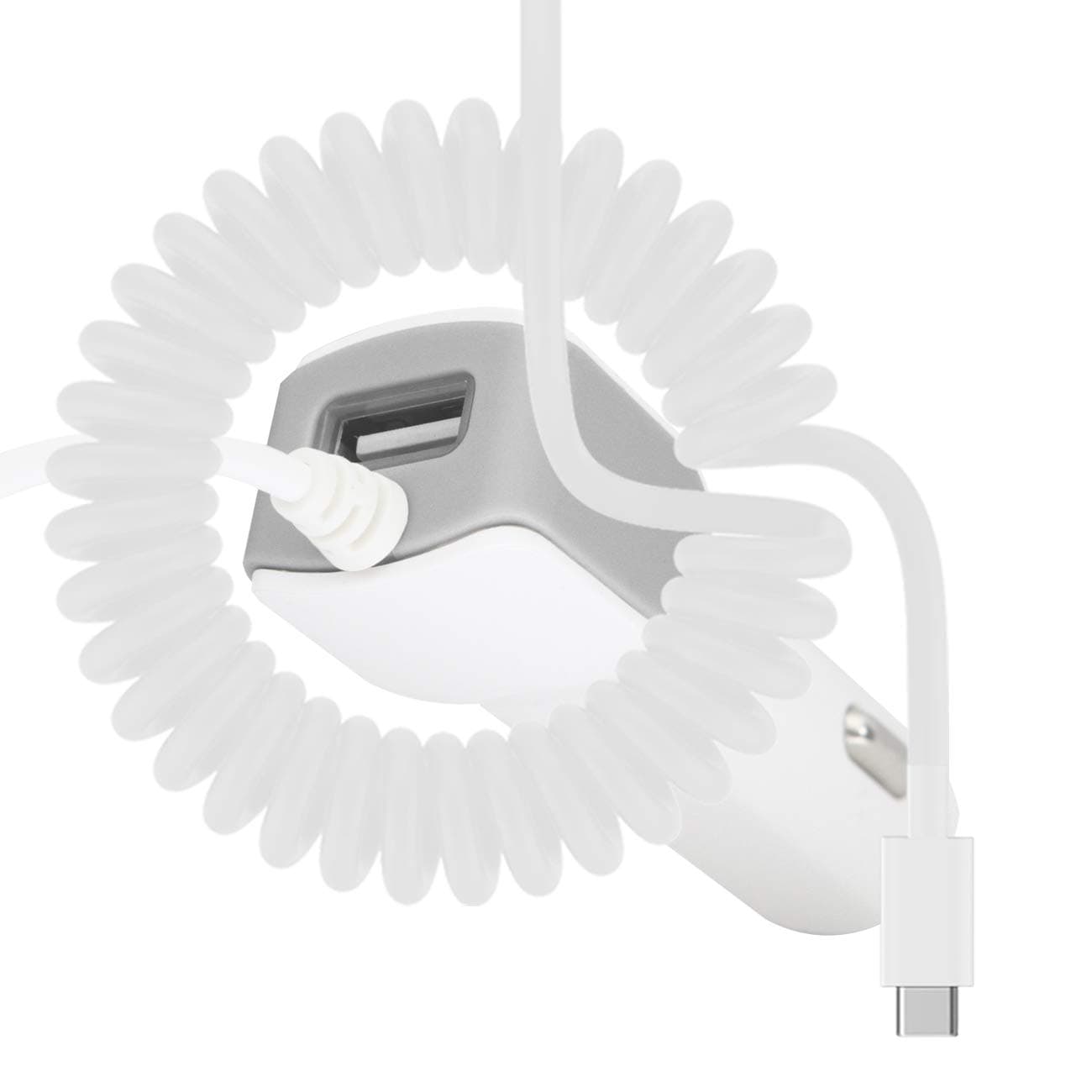 IWIOUSB C TYPE C 2000 mAh / 2A Tangle Proof Car Charger with Additional USB Port compatible with Muilt Charging compatible with LG V60 ThinQ 5G 2020 - WHITE