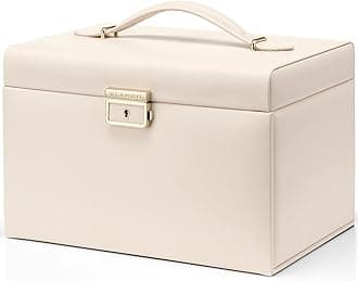 Vlando Velvet Jewelry Box for Women, Large Leather Jewelry Organizer Box with Locked, Mirrored, 3 Drawer for Necklace Ring Earring Organizer, Christmas Gift for Girl and Women - Apricot White