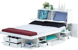 Set Bali White: Storage Bed Continental King (160x200 cm) + Headboard 170 + Slatted Frame. Sturdy double bed frame and headboard with drawers, ideal for small bedrooms - Pine and MDF lacquered