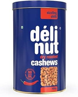 Delinut Sizzling Chilli Dry Roasted Cashews/Kaju 400g | Spicy & Crunchy WW240 Whole Cashew Nuts | Fiery Chilli Flavour | FOST Flavour Lock Technology | Nitrogen Flushed | No Added Oil, Colors or Preservatives