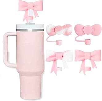 Pink Bow Straw Covers Cap Toppers Compatible with Stanley Cups, Cute 10mm Reusable Silicone Straws Topper for 40oz Tumbler with Handle, Stanleys Cup Accessories,4Pcs