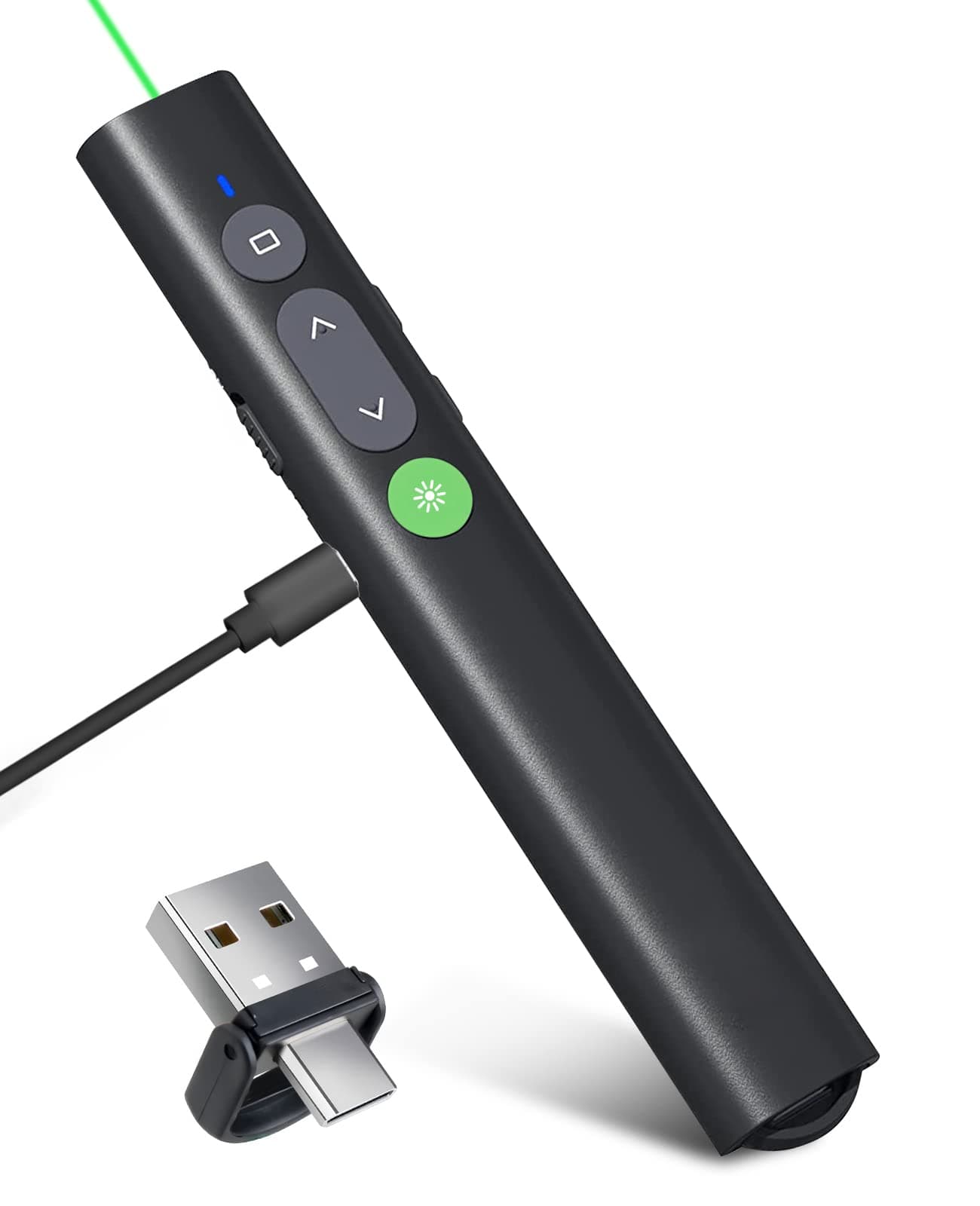Rechargeable Presentation Clicker for PowerPoint Green Light Pointer, USB-A/USB-C Wireless Presenter Remote, Google Slide Advancer Smart Board Slideshow PPT Clicker for Mac/Laptop/Computer/Office