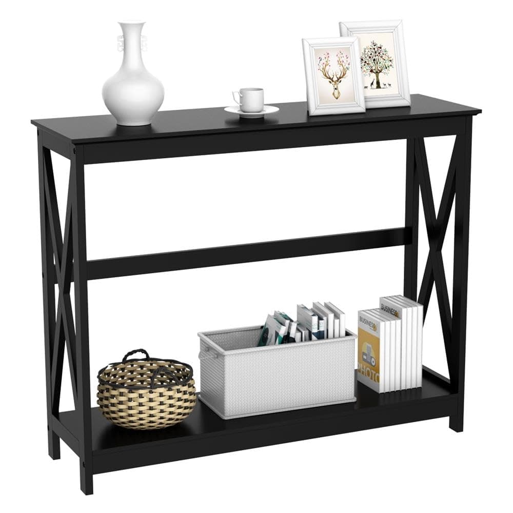 Console Table for Entryway, 2 Tier Entryway Table Bookshelf Accent Table w/Storage Shelf Living Room Entry Hall Foyer Table Furniture, Black,X-Design