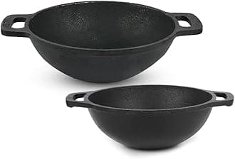 The Indus Valley Pre-Seasoned Cast Iron Cookware Set | Kadai (20.5Cm/ 1.4L) + Kadai (25.6Cm/ 2.4L) | Kitchen Cooking Combo Pots And Pans Set Of 2Pcs | Naturally Nonstick - Black