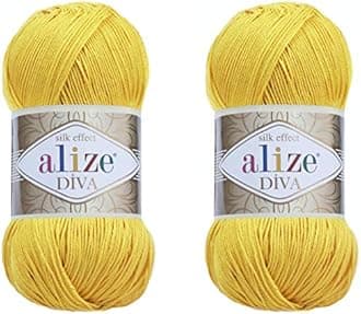 Alize Diva Hand Knitting Yarn - 100% Microfiber Acrylic With Silk Effect - Crochet Art Lace Craft - 2 Skeins, 200gr, 767 Yds (110-Yellow)