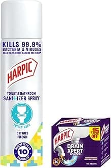 Harpic Drain Xpert Drain Cleaner Powder (50g x 8) | Effective Sink Cleaner, Drain Blockage Remover, Drain Pipe Cleaner & Harpic Toilet Sanitizer Spray 90ml, Citrus Fresh