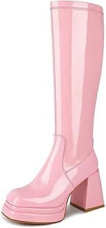 wetkissStacked Platform Knee High Boots for Women With High Chunky Heel, Gogo Boots for Women with Square Toe Side Zipper Stretch Boot