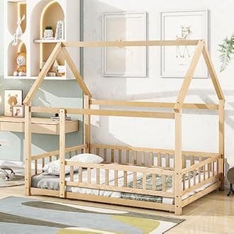 Bellemave Full Size House Floor Bed,Wooden Montessori Bed with Fence and Roof for Kids,Playhouse Full Bed Frame for Girls,Boys(Full,Natural)