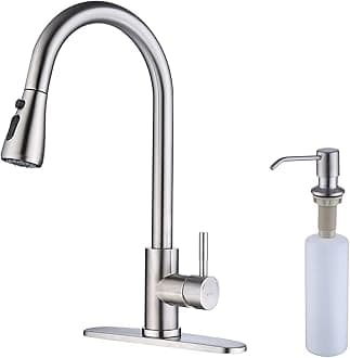 Keer Brush Nickel Single Handle Pull Down Kitchen Faucet with Soap Dispenser, 3 Modes Sprayer, Easy Assembly, Single Handle High Arc Stainless Steel Faucet