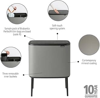 Brabantia Bo Touch Bin - 3 x 11L Inner Buckets (Mineral Concrete Grey) Waste/Recycling Kitchen Bin - Soft-touch