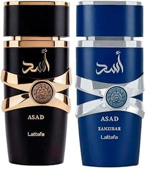 Lattafa Asad 5th Anniversary Edition – Spicy, Woody, Amber, Sweet – 2 Piece Eau de Parfum Gift Set for Men (Asad + Asad Zanzibar, 2 × 3.4 Ounce / 100 ml Sprays)
