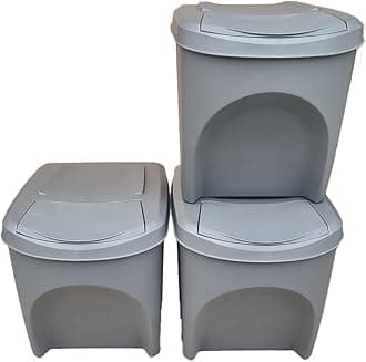 StolmetLarge Stackable Recycling Bins Set of 3x25L (Brand KrysGo) - Customizable Lids with Recycling Stickers - Waste Sorting for Home, Kitchen, Office (Grey + Grey)