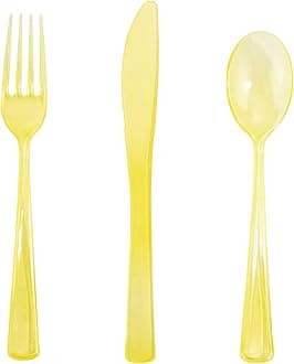 WDF 180 Pieces Yellow Plastic Silverware Disposable - Clear Yellow Cutlery Sets 60 Forks, 60 Knives and 60 Spoons - Heavy Duty Utensils for Party, Wedding, Birthday