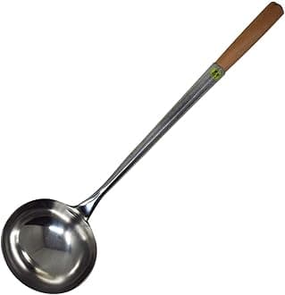 AuraHome Chinese Wok Ladle Turner Set with Wooden Handles, 304 Grade Stainless Steel Spatula, Long Handle Kitchen Cooking Utensil Tool, Silver, 33cm Ladle