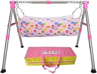A to Z Hub Stainless Steel Portable and Foldable jhula/ghodiyu/Parna/jhula/thottilu with net Cloth. (Round Pipe Pink)