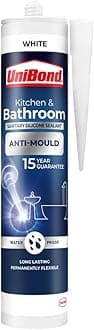 UniBond Anti-Mould White, Waterproof Mould Protection, Long-lasting White Silicone Sealant for Kitchen & Bathroom, Powerful Bath Sealant, 1 x 274g Cartridge