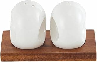 Acacia Wood Porcelain 2 Pieces Salt & Pepper Set, White & Brown