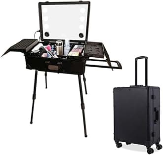 Professional Makeup Train Case Travel Cosmetics Organizer Suitcase Large Makeup Trolley Case with Mirror & Led Light Rolling Makeup Training Stand Case Portable Vanity Makeup Brush Storage Box (Black)