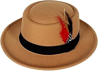 Wool Felt Fedora Hats for Women Men, Wide Brim Flat Top Hat Porkpie Hat, Jazz Hat with Feather Unisex