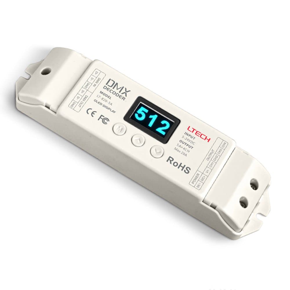 LEDEMAI 4CH 12-24V DC DMX512 Decoder with OLED Screen Display for LED RGBW Strip Lights