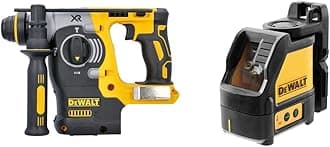 DewaltDCH273N-XJ 18V XR Li-Ion SDS Plus Rotary Hammer Drill, 18 W, 18 V, Yellow/Black & DW088CG 2-Way Self Levelling Cross Line Green Beam Laser with Carry Case