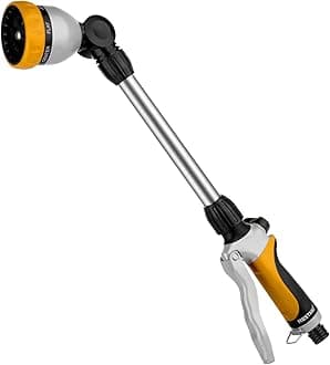 – RESTMO 48cm Watering Lance, Hose Pipe Spray Gun, Long Metal Spray Lance | 180° Adjustable Ratcheting Head | 7 Spray Patterns Garden Hose Wand, for Water Hanging Baskets, Shrubs, Yellow