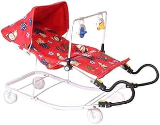 INFANTO Multipurpose Bouncer - 3-in-1 Baby Bouncer, Rocker & Indoor Cart | Superior Locking, Extra Comfort, Sunshade, Attractive Play Toy | Suitable from Birth up to 18 Months-RB32 (Red)