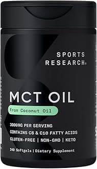Sports Research® Coconut MCT Oil 3000mg - Keto Brain & Body Fuel - C8 + C10 MCT Oil from Coconut · Keto · Non-GMO - Gluten Free - 240 Softgels