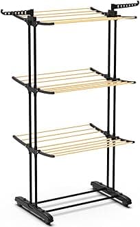 VOUNOT Airer Clothes Drying Rack, 3-Tier Foldable Clothes Hanger Adjustable Large Stainless Steel Garment Laundry Racks for Indoor Outdoor, Wood Look