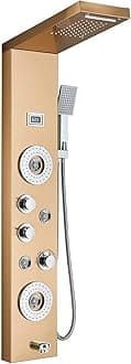 ELLO&ALLO Stainless Steel Shower Panel Tower System,LED Rainfall Waterfall Shower Head 6-Function Faucet Rain Massage System with Body Jets, Brushed Gold