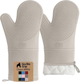 Heat and Slip Resistant Silicone Oven Mitts Set, 14.5 in, Soft Cotton Lining, Waterproof, BPA-Free, Extra Long Thick Gloves for Cooking, BBQ, Kitchen Mitt Potholders, Almond