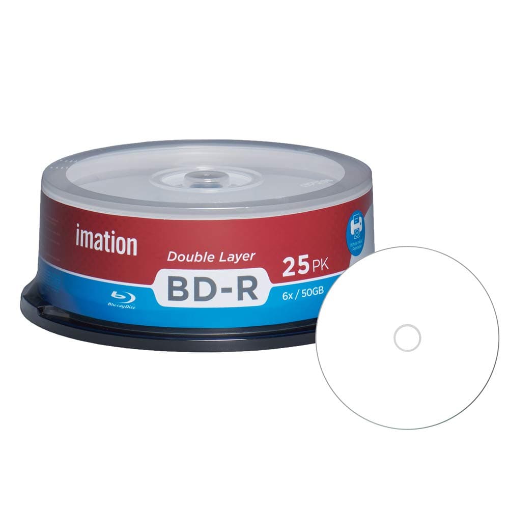 25 Pack Imation Blu-ray BD-R DL Dual Layer 6X 50GB White Inkjet Hub Printable Recordable Blank Media Disc with Spindle Packing