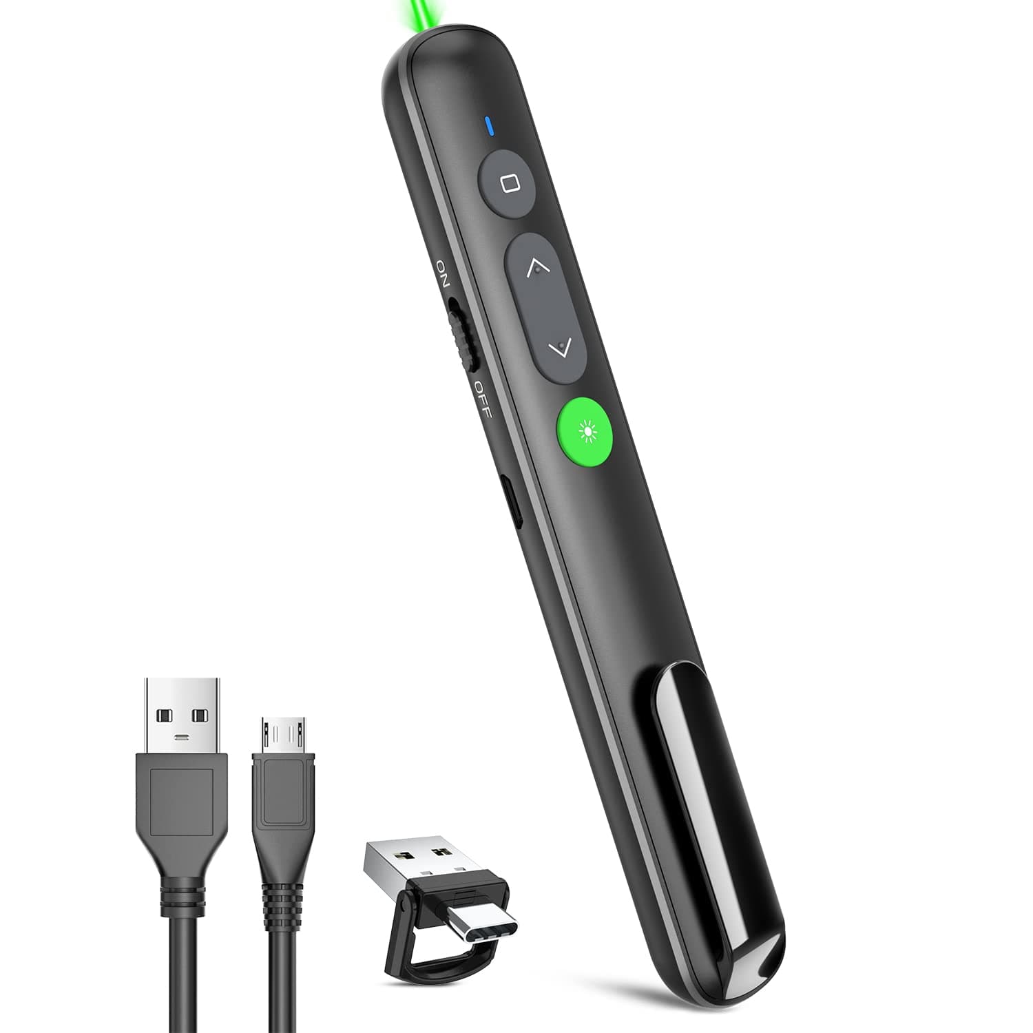 Presentation Clicker PowerPoint Wireless Presenter Remote: Rechargeable Green Laser Pointer Clickers USB A Type C Computer Mac Power Point PPT Slideshow Google Slide Advancer
