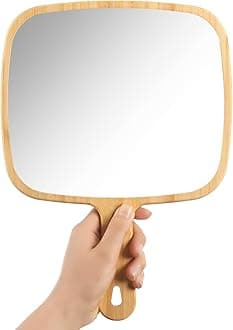 YEAKE Hand Mirror,Extra Large Natural Bamboo Handheld Mirror with Handle, Single-Sided Portable Travel Vanity Mirror for Men & Women,8.9" W x 12.4" L